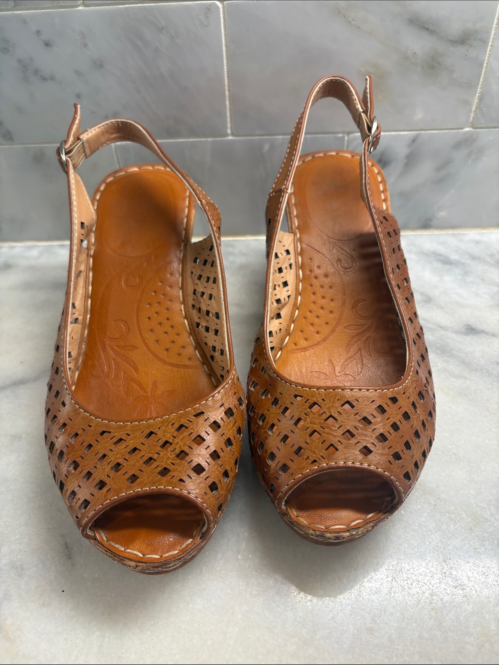 Women's Tan Leather Peep-Toe Slingback Wedges